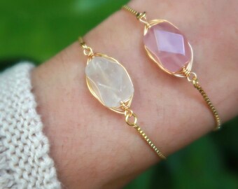 Natural Rose Quartz, Clear Quartz Adjustable Bracelet, Gold Snake Chain Slider, 18k, Healing Stone, Faceted Gemstone, Wire Wrapped