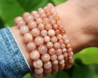 Natural Sunstone Healing Bracelet, Crystal Elastic Beaded Bracelet, Beige, Pink, Iridescent, 8mm, 6mm, 4mm