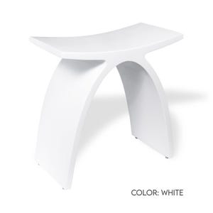 May include: A white, modern stool with a curved seat and arching legs. The stool is made of a solid material and has a minimalist design. The text "COLOR: WHITE" is visible at the bottom of the image.