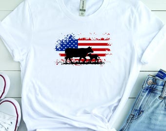Distressed American Flag Cow Calf Shirt, Rustic Farm Tee, Dairy Farmer Gift
