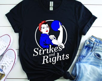 Strikes and Rights Bowling Shirt, Feminist Rosie Tee, Retro WW2 Head Scarf Graphic