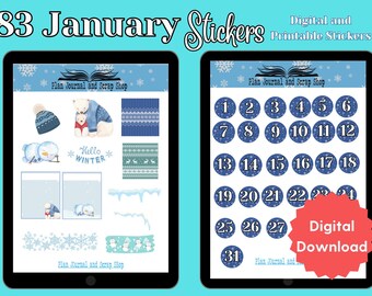 May include: Digital and printable January stickers displayed on a tablet. The stickers include winter-themed illustrations of polar bears, snowmen, and snowflakes. The image also features numbered circles for each day of the month, and the text "83 January Stickers".
