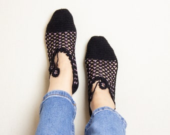 Bead knit black booties, Lace up socks, Women slippers, Stretchy slippers, Crochet women bootie. Size: 36eu-38eu. 22cm - 8.5 Inch