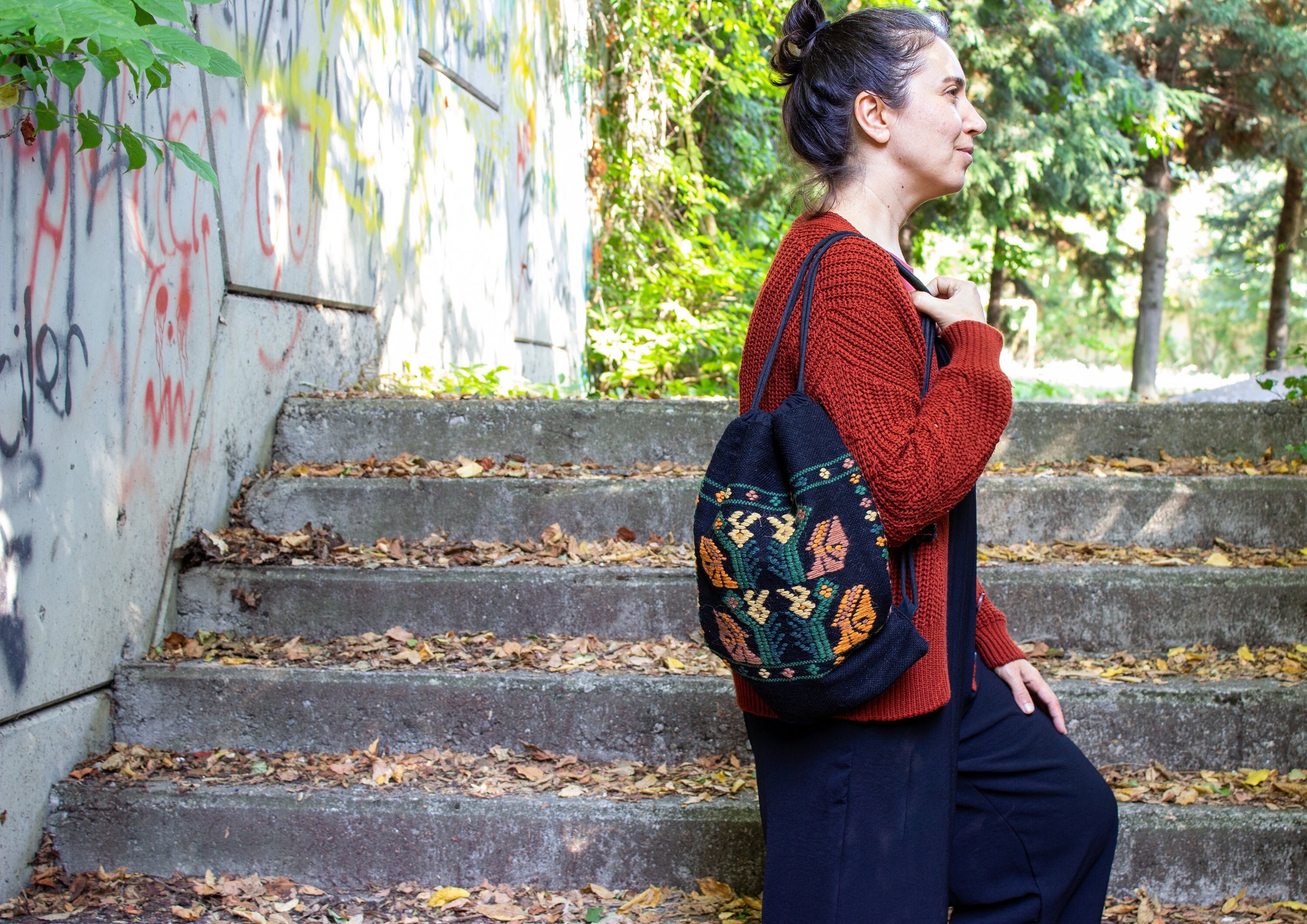 Boho Kilim Drawstring Backpack in Burgundy, Green & Orange Persian Kilim Casual Backpack Handmade with Boho Design  main image 4