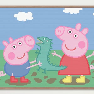 Peppa Pig cross stitch pattern PDF (Instant download) - Peppa Pig and George jumping in muddy puddles - Canvas size: 300x200  stitches
