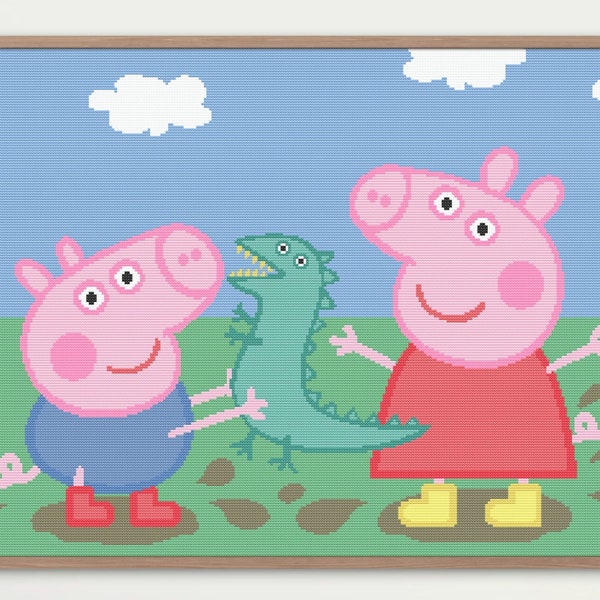 Peppa Pig Kreuzstichmuster PDF (Sofortdownload) - Peppa Pig und George springen in schlammigen Pfützen - Leinwandgröße: 300x200 Stiche