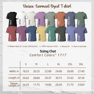 a collection of unisex t-shirts in various colors, including black, white, purple, orange, blue, green, and brown. The t-shirts are arranged in rows, and there is a table with size information for each color.
