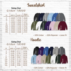 a variety of sweatshirts and hoodies in different colors and sizes, along with their corresponding US measurements.