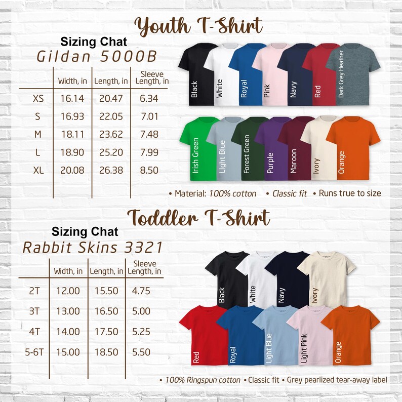 a variety of youth T-shirts in different sizes and colors, along with their corresponding sleeve and neck sizes.