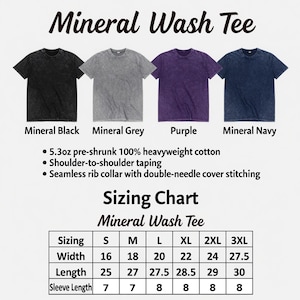 May include: A Mineral Wash Tee product display featuring four short-sleeve t-shirts in mineral black, mineral grey, purple, and mineral navy. Includes 5.3oz pre-shrunk 100% cotton specifications, shoulder-to-shoulder taping, and a sizing chart.