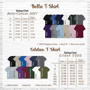 The image is a collage of various t-shirt designs and sizes, including a t-shirt with a bell design and a t-shirt with a gildan logo. The image provides a visual representation of the different sizes and styles available for the t-shirt, along with their corresponding measurements.
