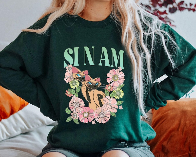 Retro Si & Am Cat Floral Shirt, Lady and the Tramp T-Shirt, Siamese Cat, Disney Cats, Villain Cat, Disneyland Trip Gift For Cat Lover image 4