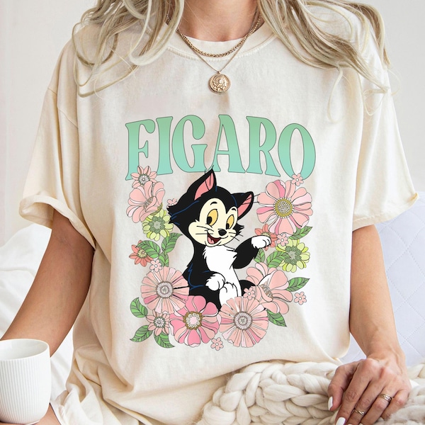 Figaro Cat Floral Retro Shirt, Pinocchio T-Shirt, Disney Cat Tee, Family Vacation, Disneyland Trip Gift For Cat Lover