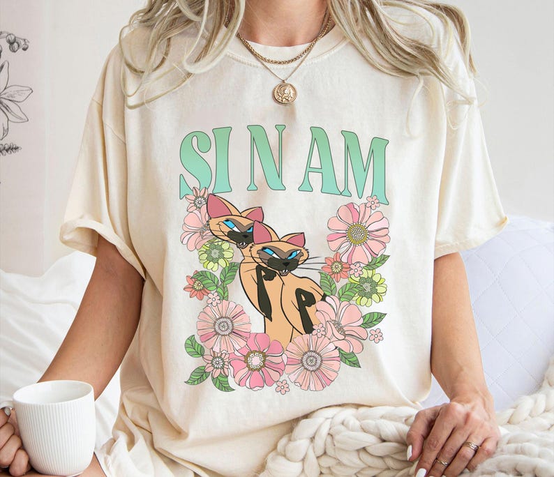 Retro Si & Am Cat Floral Shirt, Lady and the Tramp T-Shirt, Siamese Cat, Disney Cats, Villain Cat, Disneyland Trip Gift For Cat Lover image 1