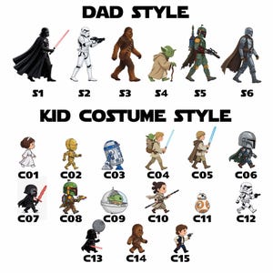 May include: A digital chart featuring two sections labeled DAD STYLE and KID COSTUME STYLE. The DAD STYLE section displays six full-sized character illustrations labeled S1 through S6. The KID COSTUME STYLE section shows fifteen chibi-style character illustrations labeled C01 through C15, depicting various science fiction figures in walking poses.