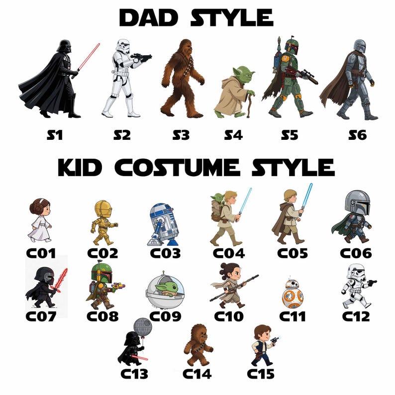 May include: A digital chart featuring two sections labeled DAD STYLE and KID COSTUME STYLE. The DAD STYLE section displays six full-sized character illustrations labeled S1 through S6. The KID COSTUME STYLE section shows fifteen chibi-style character illustrations labeled C01 through C15, depicting various science fiction figures in walking poses.