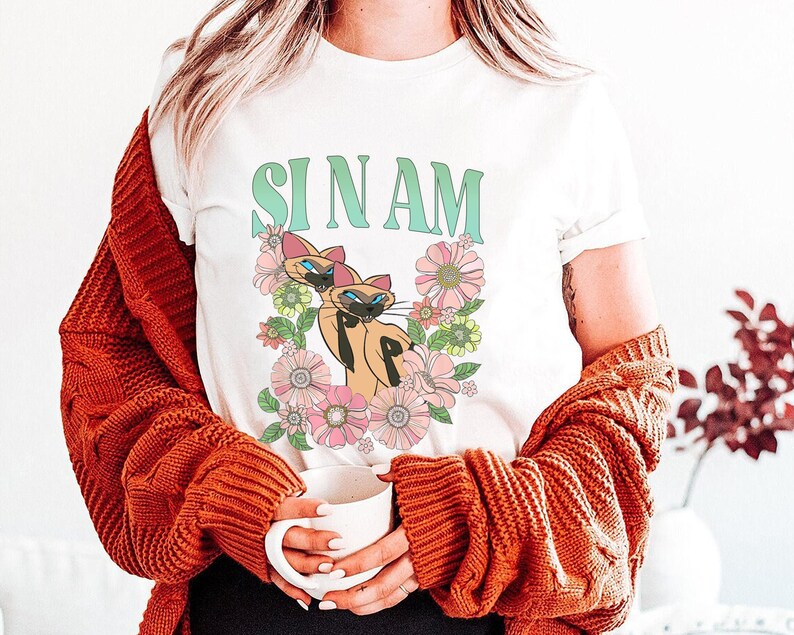 Retro Si & Am Cat Floral Shirt, Lady and the Tramp T-Shirt, Siamese Cat, Disney Cats, Villain Cat, Disneyland Trip Gift For Cat Lover image 3