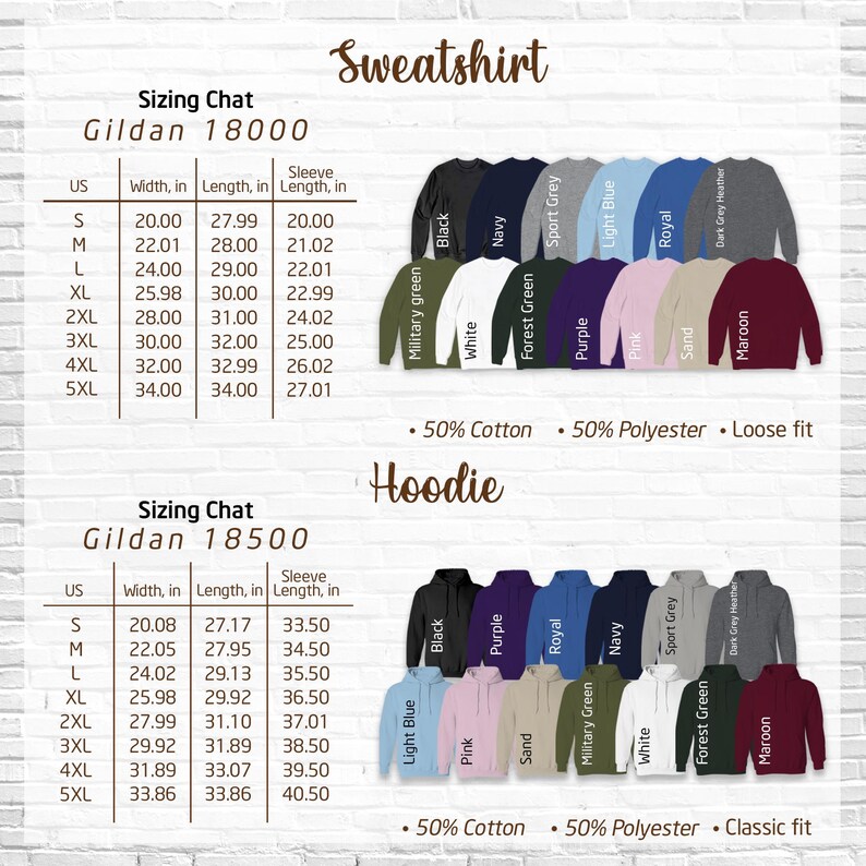 a variety of sweatshirts and hoodies in different colors and sizes, along with their corresponding US measurements.