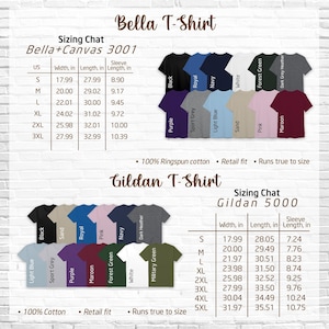 The image is a collage of various t-shirt designs and sizes, including a t-shirt with a bell design and a t-shirt with a gildan logo. The image provides a visual representation of the different sizes and styles available for the t-shirt, along with their corresponding measurements.