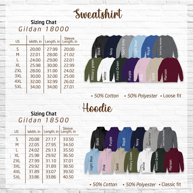a variety of sweatshirts and hoodies in different colors and sizes, along with their corresponding US measurements.