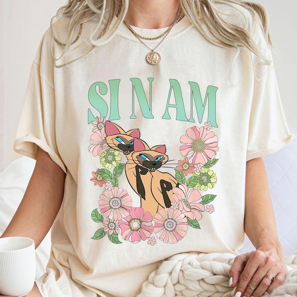 Retro Si & Am Cat Floral Shirt, Lady and the Tramp T-Shirt, Siamese Cat, Disney Cats, Villain Cat, Disneyland Trip Gift For Cat Lover