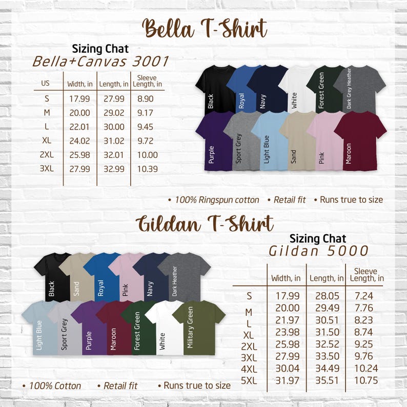 The image is a collage of various t-shirt designs and sizes, including a t-shirt with a bell design and a t-shirt with a gildan logo. The image provides a visual representation of the different sizes and styles available for the t-shirt, along with their corresponding measurements.