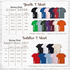 May include: Image shows sizing charts for Youth and Toddler T-shirts, with measurements in inches for width, length, and sleeve length. The shirts are available in multiple colors, including black, white, and orange. Youth shirts are Gildan 5000B, and Toddler shirts are Rabbit Skins 3321.