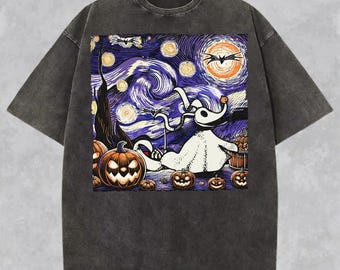 Camiseta de perro fantasma Zero de Starry Night, camiseta espeluznante de calabazas de Halloween, Pesadilla antes de Navidad, camiseta espeluznante de perro Zero, camiseta de perro fantasma