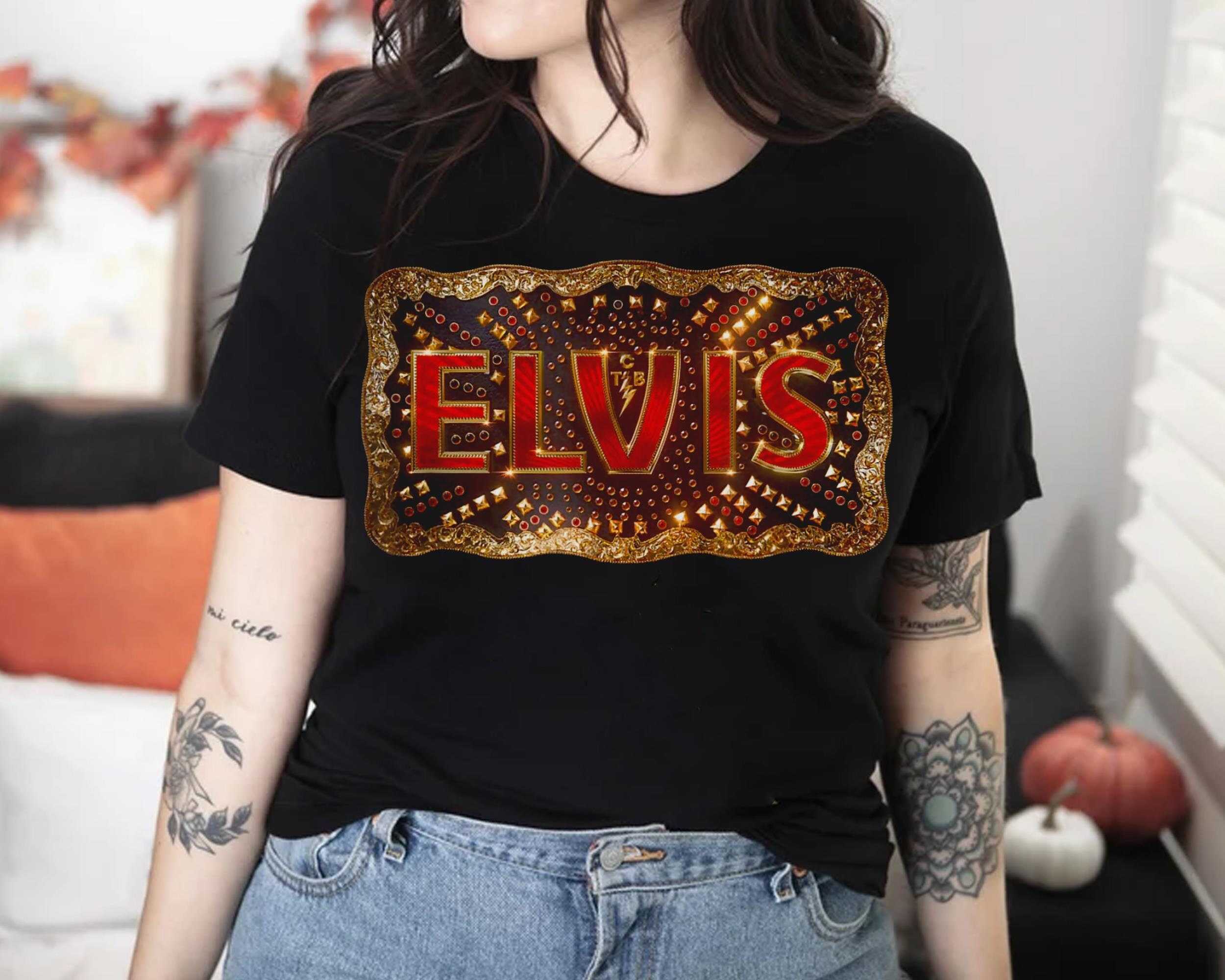Discover Elvis Movie Buckle Logo Official Shirt King Of Rock Elvis Presley T-Shirt