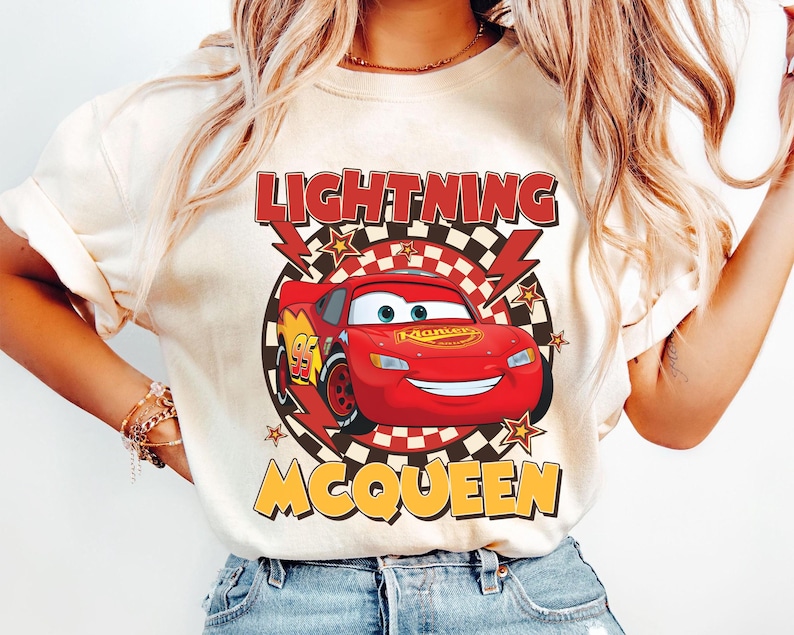 Vintage Lightning McQueen Checkered Shirt, Disney Pixar Cars Shirt, Retro McQueen Graphic Tee, Disney Family Vacation Trip 2026 image 1