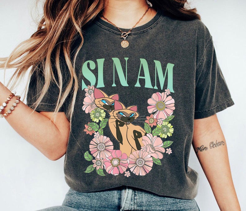 Retro Si & Am Cat Floral Shirt, Lady and the Tramp T-Shirt, Siamese Cat, Disney Cats, Villain Cat, Disneyland Trip Gift For Cat Lover image 2