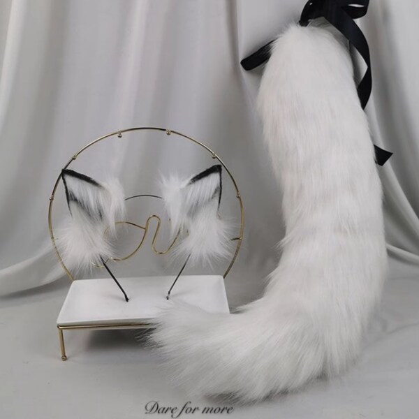 Handmade White Fox Ears Headband and Tail, Cosplay Props,Animal Tail,Animal Costume Headpiece Fox Ears Furry Suit Cosplay Accessory