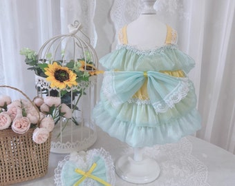 Pet Green and Yellow Bow Tie Tulle Dress,PetPrincess  Dress, Cat Dog Lace Fluffy Dress, Pet Clothing,Gift For Pet,Pet Fairy Dress,Pet Supply