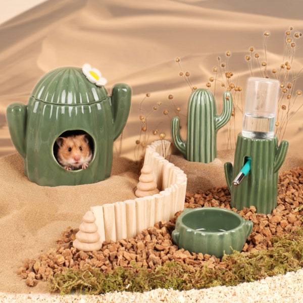 Cactus Shaped Hamster Ceramics Hideout, Water Bottle Holder and Feeding Bowl, Hamster Cage Decor, Gift For Hamster, Hamster Supply