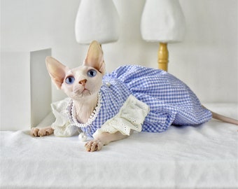 Pet Cute Princess Dress, Royal Blue Plaid Pearl Laced Cat Dog Fluffy Dress, Pet Clothing