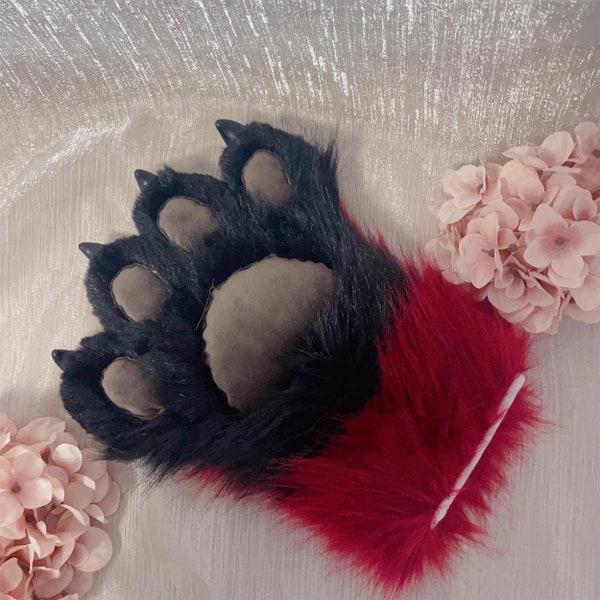 Dark Red Black Furry Paw Gloves Fursuit Paws Cat Dog Bear Fox Wolf Paw Gloves Furry Costume Gloves Custom Color Gift For Children Birthday