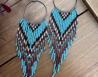 SAUVAGE Rustic fringe beaded hoop earrings
