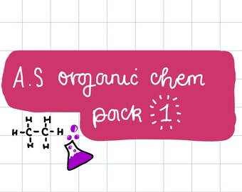 Puede incluir: Un rectángulo rosa con el texto "A.S organic chem Pack 1" en blanco. Debajo del rectángulo hay un pequeño vaso de precipitados con líquido morado y una fórmula química para el etano.