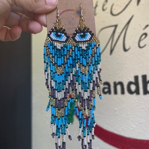 DANGLING HUICHOL CHAQUIRA Earrings, Extra Long Attractive Handmade Earring, Colorful, Traditinal Mexican Jewely