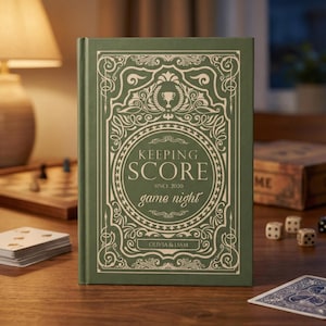 May include: A green hardcover book titled "KEEPING SCORE" with the subtitle "game night" and the names "Olivia & Liam". The cover features ornate white decorative elements and a trophy illustration. The book is on a wooden surface.
