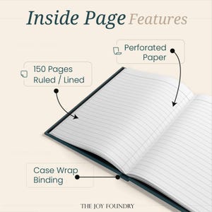 May include: Open notebook with lined, perforated pages. Features include 150 ruled pages and case wrap binding. The text "Inside Page Features" and "THE JOY FOUNDRY" are also visible.