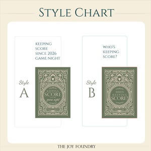 May include: A style chart featuring two card designs for a game. Style A reads "KEEPING SCORE SINCE 2026 GAME NIGHT." Style B reads "WHO'S KEEPING SCORE?" Both cards have an ornate green border and decorative elements.