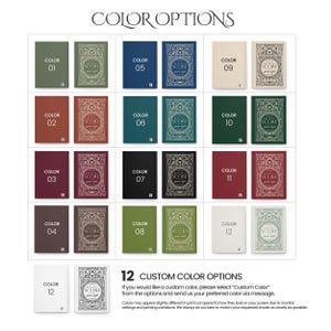 May include: A display of 12 color options for a product, each with a unique color and the word "SCORE" on the cover. The colors range from green to black to red, with a white background. Text at the bottom reads "12 CUSTOM COLOR OPTIONS".