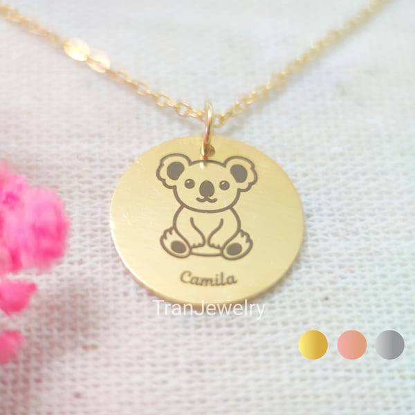 Collier de nom de koala • Collier d’animal • Collier de disque avec nom • Collier de plaque signalétique • Collier gravé • Cadeau pour elle