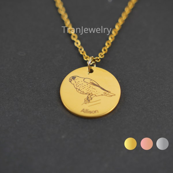 Merlin Bird Necklace • Bird Pendant • Engraved Necklace • Disc Necklace With Name • Nameplate Necklace • Gift For Her