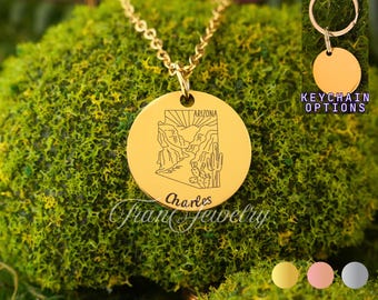 Arizona Outline Necklace • Personalized Necklace • Custom Engraved Desert Cactus Pendant • Gift For Kids • Birthday Gifts • Gifts For Her