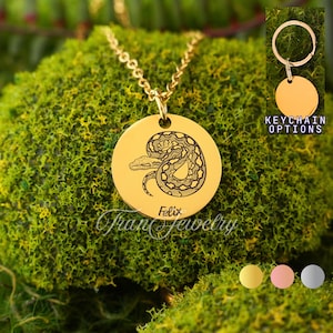 K&ouml;nnte beinhalten: Eine goldfarbene Halskette mit Anh&auml;nger, der einen kreisf&ouml;rmigen Anh&auml;nger mit einer detaillierten Schlangenillustration aufweist. Der Anh&auml;nger tr&auml;gt den eingravierten Namen "Felix". Die Halskette wird auf gr&uuml;nem Moos pr&auml;sentiert.