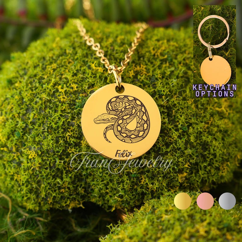 K&ouml;nnte beinhalten: Eine goldfarbene Halskette mit Anh&auml;nger, der einen kreisf&ouml;rmigen Anh&auml;nger mit einer detaillierten Schlangenillustration aufweist. Der Anh&auml;nger tr&auml;gt den eingravierten Namen "Felix". Die Halskette wird auf gr&uuml;nem Moos pr&auml;sentiert.