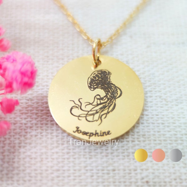 Jellyfish Name Necklace • Sea Necklace • Engraved Necklace • Disc Necklace With Name • Nameplate Necklace • Gift For Her
