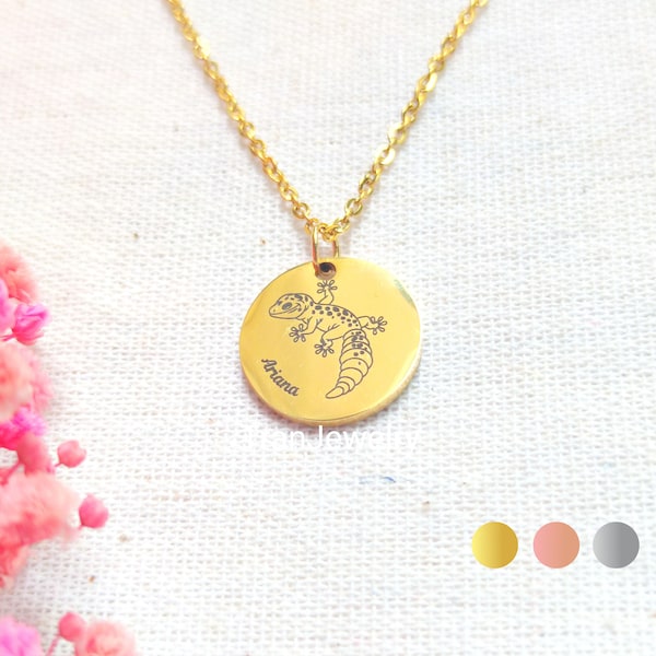 Leopard Gecko Necklace • Name Necklace • Disc Necklace With Name • Engraved Necklace • Nameplate Necklace • Gifts For Kids